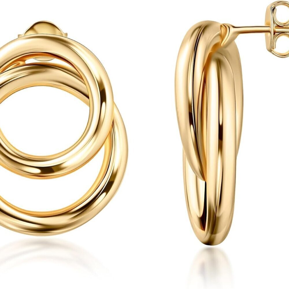 Gold Plated Double Loop Drop Earrings Womens Intertwined Design Jewelry